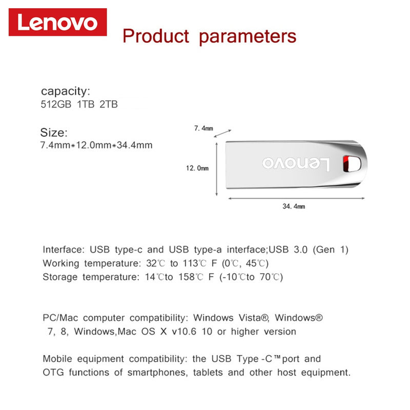 Lenovo 2TB USB Flash Drives Mini Metal Real Capacity Memory Stick Black Pen Drive Creative Business Gift Silver Storage U Disk